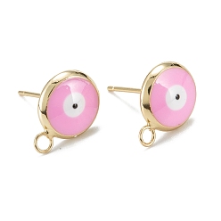 Бледно-Розовый Серьги-гвоздики из экологически чистой латуни с эмалью, с петлями, реальный 18 k позолоченный, плоский круглый с злобным глазом, розовый жемчуг, 13x10 мм, отверстие : 1.8 мм, штифты : 0.7 мм
