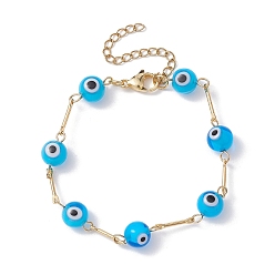 Deep Sky Blue Lampwork Evil Eye Link Chain Bracelets, with Golden Brass Bar Link Chains, Deep Sky Blue, 7 inch(17.8cm)