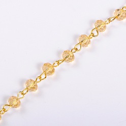 Goldenrod Handmade Rondelle Glass Beads Chains for Necklaces Bracelets Making, with Golden Iron Eye Pin, Unwelded, Goldenrod, 39.3 inch, Glass Beads: 6x4mm