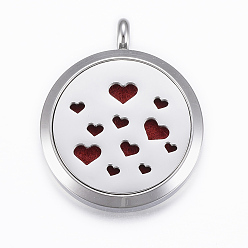 Dark Red 316 Surgical Stainless Steel Diffuser Locket Pendants, with Perfume Pad and Magnetic Clasps, Flat Round with Heart, Stainless Steel Color, Dark Red, 37x30x6.5mm, Hole: 5mm, inner diameter: 23mm