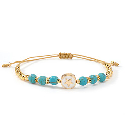 Синтетическая Бирюза Минималистичные регулируемые браслеты из синтетических бирюзовых бусин, сплетенные из бусин., ювелирные изделия из латуни с эмалью для женщин, плоские круглые со звездой, 11.02 дюйм (28 см)