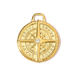 Настоящее золото 18K 304 из нержавеющей стали горный хрусталь подвески, плоские круглые прелести, ионное покрытие (ip), реальный 18 k позолоченный, 23x19 мм