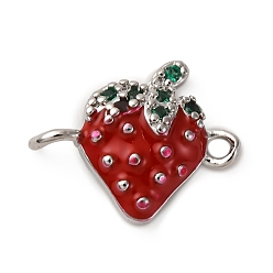 Платина Латунные микропаве зеленые кубические цирконии фруктовые соединители подвески, красные эмалевые клубничные звенья, стойки покрытие, долговечный, без кадмия и без свинца, платина, 12x15x4 мм, отверстия : 1.2 mm и 1.4 мм