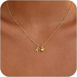 Letter K Женские латунные подвески в виде инициалов и сердца, реальный 14 k позолоченный, Письмо K, 15.75 дюйм (40 см)