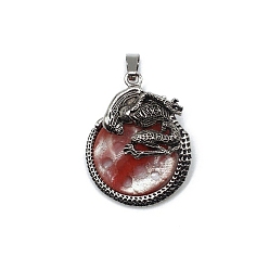 Cherry Quartz Glass Synthetic Cherry Quartz Glass Pendants, with Antique Silver Alloy Finding, Flat Round with Skull Charms, 40x35mm