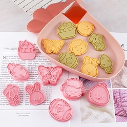 Pink 8Pcs 8 Styles Easter Theme Plastic Cookie Cutters, Cookies Moulds, DIY Biscuit Baking Tools, Lamb & Egg & Rabbit & Flower, Mixed Shapes, Pink, 39~54x40~56x20mm, 1pc/style