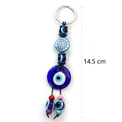 Flat Round Lampwork Evil Eye Keychains, with Metal Rings, Flat Round, 14.5cm