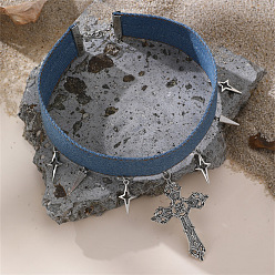 Cross Женские чокеры из джинсовой ткани с подвеской из сплава, античное серебро, стальной синий, крестик, 12.40 дюйм (31.5 см)