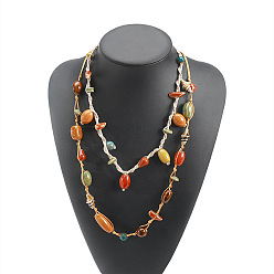 Colorful Handmade Porcelain Barrel Beads Jute Cord Double Layer Necklaces for Women, Colorful, 37.01~38.98 inch(94~99cm), about 2pcs/set