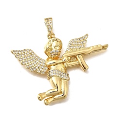 Настоящее золото 18K Латунные микро проложить кубического циркония подвески, форма ангела, реальный 18 k позолоченный, 33x43.5x5.5 мм, отверстие : 6x3.5 мм