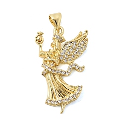 Angel & Fairy Латунные микропаве прозрачные подвески с фианитом, без кадмия и без свинца, долговечный, стойки покрытие, реальный 18 k позолоченный, ангел и фея, 29x17x4.5 мм, отверстие : 5x3 мм