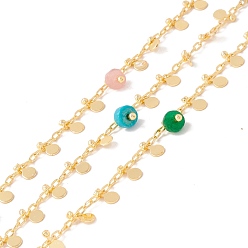 Природный Драгоценный Камень Цепочки из бисера колонны из натурального камня, с латунными цепочками из скрепок и плоской круглой подвеской, пайки, с катушкой, без свинца и без кадмия, золотые, 2x1x0.5 мм, 5.5x3x1 мм