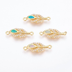 (52) Непрозрачная лаванда Коннекторы, латунь, кубический цирконий, с синтетическим опалом, лист, золотые, разноцветные, 22x8x2.5 мм, отверстие : 1.5 мм
