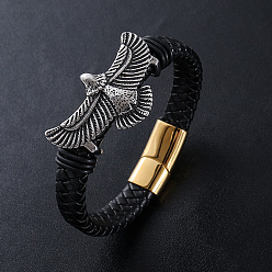Античный Серебристый & Золотой Браслеты из плетеного шнура из искусственной кожи в стиле панк, 304 Браслеты с подвесками в виде орла из нержавеющей стали для мужчин, с магнитной застежкой, старинное серебро & золотой, 8.66 дюйм (22 см)