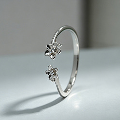 Platinum Brass Micro Pave Clear Cubic Zirconia Cuff Open Rings, Flower, Platinum, Inner Diameter: 15~20mm