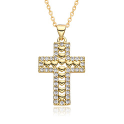 Золотой Латунные ожерелья с подвеской в виде сердца и креста из прозрачных кубических цирконий с микропаве, золотые, 19.69 дюйм (50 см), Кулон : 25x18 мм