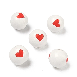 Белый Европейские деревянные бусины ко Дню святого Валентина, окрашенные распылением и напечатанные, круглые с сердца шаблона, бусины с большим отверстием, белые, 15~16 мм, отверстие : 4 мм