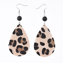 Coffee Imitation Leather Dangle Earrings, with Faux Fur, Natural Lava Rock Beads and 304 Stainless Steel Earring Hooks, Teardrop, Coffee, 90mm, Pin: 0.7mm