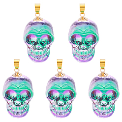 Turquoise 5Pcs Electroplate K9 Glass Pendants, with Golden Plated Brass Bails, Skull, Halloween, Turquoise, 25x26~27x19mm, Hole: 5x3mm