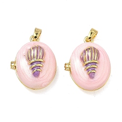 Бледно-Розовый Подвески латуни медальон, с эмалью, овал с подвесками-ракушками, стойки покрытие, долговечный, реальный 18 k позолоченный, розовый жемчуг, 21.5x17x9 мм, отверстие : 4.5x2 мм