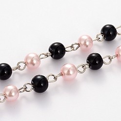 Pink Glass Pearl Round Beads Chains for Necklaces Bracelets Making, with Platinum Iron Eye Pin, Unwelded, Pink, 39.3 inch, Bead: 6mm