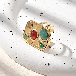 Настоящее золото 18K Кольца из натурального сердолика и нефрита, прямоугольник 304 полые открытые манжеты из нержавеющей стали для женщин, реальный 18 k позолоченный, Прямоугольник: 24.5x18 мм, регулируемый