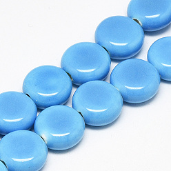 Темно-Голубой Фарфоровые бусины ручной работы, яркие глазированный фарфор, плоско-круглые, глубокое синее небо, 10.5~11x6~6.5 мм, отверстие : 1.5 мм