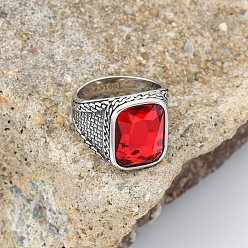 Красный 304 мужские перстни из нержавеющей стали с кубическим цирконием, античное серебро, прямоугольные, красные, размер США 9 (18.9 мм)