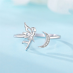 Серебро 925 кольца манжеты из серебра микропаве фианит, луна и фея, регулируемый, с печатью s925, серебряные, размер США 8 (18.1 мм)