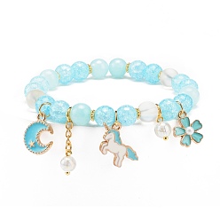Светло-Голубой Эластичный браслет из синтетического кракле кварца и натурального желтого нефрита с бусинами, браслет из сплава единорога и полумесяца с подвесками из искусственного жемчуга для женщин, Небесно-голубой, Кулон : 16x12.5x1.5 мм, внутренний диаметр: 2-1/8 дюйм (5.4 см)