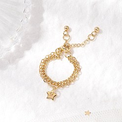 Настоящее золото 18K Регулируемые латунные многорядные кольца для пальцев, цепи панцирного типа и кабельные цепи кольца для женщин, со звездой прелести, реальный 18 k позолоченный, внутренний диаметр: 15.5~21.5 мм