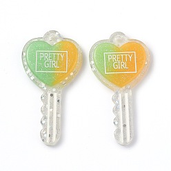 Зеленый Большие подвески из двухцветной смолы, блеск порошок, ключ сердца со словом красивая девушка, зелёные, 59x30x6 мм, отверстие : 2.3 мм