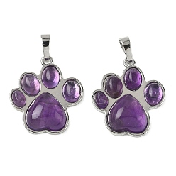 Аметист Подвески из натурального аметиста , латунные подвески в виде отпечатков лап, платина, стойки покрытие, 28x24.5~25x5.5~6 мм, отверстие : 8~8.5x4.5~5 мм