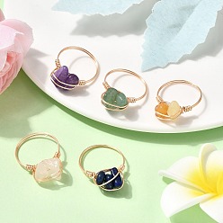 Light Gold Кольца с бусинами из натуральных драгоценных камней, украшения из медной проволоки для женщин, золотой свет, внутренний диаметр: 18 мм, 5 шт / комплект