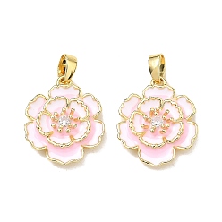 Pink Латунные микропаве прозрачные подвески с фианитом, с эмалью, подвески в виде камелий, реальный 18 k позолоченный, розовые, 19x15.5x4 мм, отверстие : 2 мм
