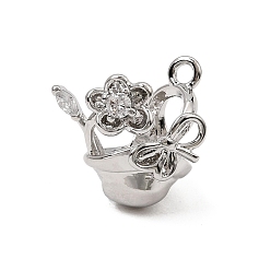 Platinum Brass Micro Pave Clear Cubic Zirconia Charms, Flower Basket with Bowknot Charms, Platinum, 13x14x10mm, Hole: 1.5mm