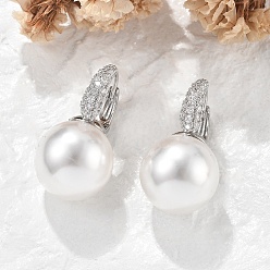 Платина Латунные серьги-кольца из прозрачного кубического циркония, с ABS имитации жемчуга, без свинца и без кадмия, долговечный, стойки покрытие, круглые, платина, 28.5x16 мм