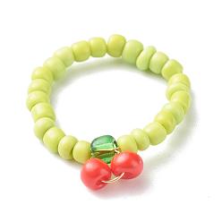 Green Yellow Glass Seed Beaded Finger Rings, with Eco-Friendly Copper Wire, Cherry, Green Yellow, US Size 6 1/2(16.9mm)