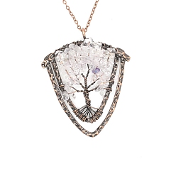 Quartz Crystal Natural Quartz Crystal Brass Wire Wrapped Pendants, with Alloy Fingdings, Triangle with Tree, Antique Bronze, 53x48mm
