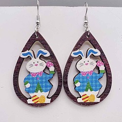 Разноцветный Пасхальные деревянные серьги-подвески, слеза с кроликом, платина, красочный, 70x38 мм
