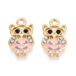 Pink Подвески из эмалевого сплава легкого золота, очарование совы, со стразами, без свинца, без никеля и без кадмия, стойки покрытие, розовые, 16x10x2 мм, отверстие : 1.6 мм
