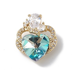 Pale Turquoise Real 18K Gold Plated Rack Plating Brass Micro Pave Clear Cubic Zirconia Pendants, with Glass, Long-Lasting Plated, Cadmium Free & Lead Free, Butterfly with Heart Charm, Pale Turquoise, 21x17.5x8mm, Hole: 3.5x2.5mm