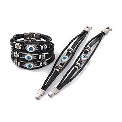 Black Multi- Strand Leather Cord Bracelets, with Alloy Findings, Evil Eye, Black, 220mm(8-5/8 inch)