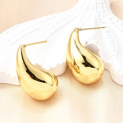 Настоящее золото 18K Серьги-гвоздики в форме капли из латуни с гальваническим покрытием для женщин, без свинца и без кадмия, реальный 18 k позолоченный, 26.5x14 мм, штифты : 0.9 мм