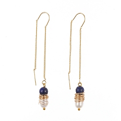 Lapis Lazuli Stud Earrings, Ear Thread, with Natural Lapis Lazuli, Natural Cultured Freshwater Pearl and Brass Findings, 71mm, Pin: 0.8mm