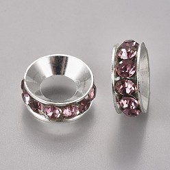 Свет Аметист Латунные бусины разделители для поставки стразов, класс А, рондель, серебряный цвет гальваническим, светлый аметист, 12x5 мм