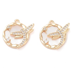 Настоящее золото 18K Подвески в виде стрекоз из латуни с микропаве из прозрачного кубического циркония, плоские круглые амулеты оболочки, реальный 18 k позолоченный, 19x18.5x3.5 мм, отверстие : 1.4 мм