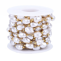 Creamy White ABS Plastic Pearl Beaded Chains, with Golden 316 Stainless Steel Paperclip Chains, Soldered, with Spool, Creamy White, 10x7x6mm, about 16.40 Feet(5m)/Roll