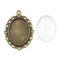 Antique Bronze DIY Pendant Making, Tibetan Style Pendant Cabochon Settings and 18x25x5.4mm Oval Transparent Clear Glass Cabochons, Lead Free & Cadmium Free & Nickel Free, Antique Bronze, 39x28x2mm, Hole: 2mm