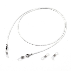 White Eyeglasses Chains, Neck Strap for Eyeglasses, with Baking Paint Glass Seed Beads, 304 Stainless Steel Lobster Claw Clasps, Brass Crimp Beads and Rubber Loop Ends, White, 27.95 inch(71cm)